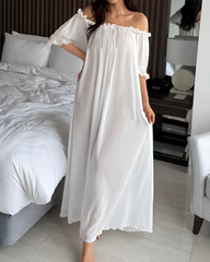 Sexy Sheer Mesh Ruffle Off-the-Shoulder Long Nightgown