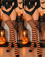 2 Pairs Halloween Colorblock Striped Bow Pumpkin Stockings