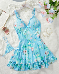 Sexy Sheer Floral Ruffle Babydoll Lingerie Nightgown