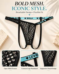 Men's Fishnet Thong with I LOVE Heart Print Waistband