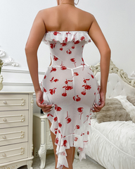 Sheer Rose Print Ruffle Cutout Lingerie Dress