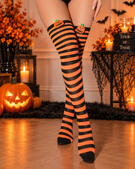 2 Pairs Halloween Colorblock Striped Bow Pumpkin Stockings