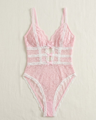 Pink Lace Bowknot Backless Bodysuit