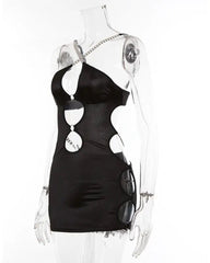 European And American Women's Sexy Hollow Slim-Fit Sheath Dress Deep V Metal Strap