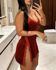 Christmas Sexy Velvet Deep V Hollow-Out Lace-up Nightgown