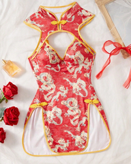 Sexy  Dragon Print Cutout Cheongsam Lingerie Dress