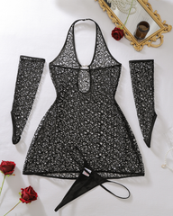 Heart Cutout Fishnet Mini Dress & Gloves Set