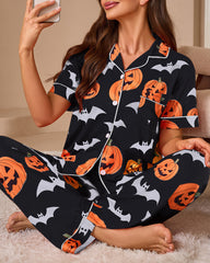 Halloween Pumpkin & Bat Print Short Sleeve Pajama Set