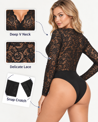 Long Sleeve Floral Lace Deep V Neck Bodysuit