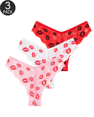 3-Pack Floral Lace Semi-Sheer Low-Rise Briefs Panties with Lip Print
