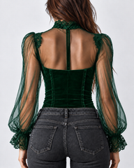 Velvet Sheer Lace Mesh Puff Sleeves Top