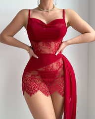 Sexy Sheer Mesh Lace Trim Strappy Lingerie Nightdress