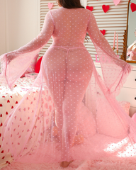 Plus Size Sexy Pink Polka Dot Mesh Robe Set