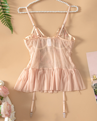 Plus Size Pink Rose Embroidered Sheer Mesh Babydoll Lingerie