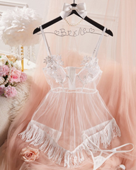 Pure White Sheer Mesh Fringe Lace Embroidered Nightgown