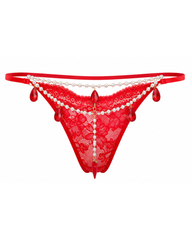 Sexy Lace Pearl Chain Red Rhinestone Thong