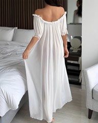 Sexy Sheer Mesh Ruffle Off-the-Shoulder Long Nightgown