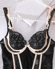 Sexy Lace & Sheer Mesh Boned Corset Lingerie Set