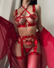 Sexy Red Sequin Heart Crisscross Lace-Up Lingerie Set