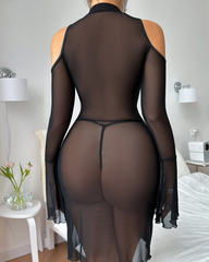 Sexy Sheer Mesh Floral Appliqué Cold-Shoulder Lingerie Dress