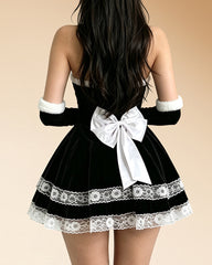 Christmas Santa Velvet Lace Trim Mini Dress with Bunny Ear Headband
