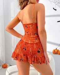 Halloween Skull Pumpkin Print Deep V Nightdress