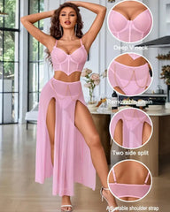 Sheer Mesh Bustier Top & High Slit Maxi Skirt Lingerie Set