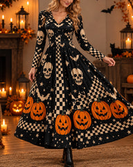 Halloween Cosplay Retro Print Long Sleeve Dress