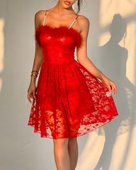 Sexy Feather Trim Floral Lace Midi Nightdress