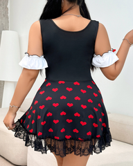 Heart Print Maid-Inspired Mini Dress with Lace Ruffles and Ribbon Lace-Up Detail