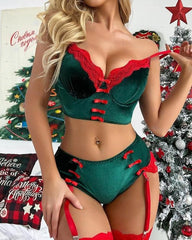 Christmas Velvet Lace Bow Bra & Garter Lingerie Set