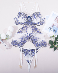 Sexy Floral Embroidered Mesh Boned Bustier Lingerie Set