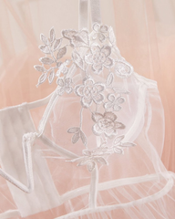 Pure White Sheer Mesh Fringe Lace Embroidered Nightgown