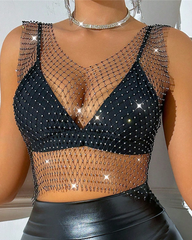 Sexy Sheer Rhinestone Fishnet Tank Top