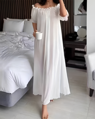 Sexy Sheer Mesh Ruffle Off-the-Shoulder Long Nightgown