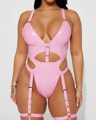 Sexy Glossy PU Leather Skin-Tight Open-Back Bodysuit