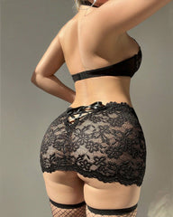 Sexy Halter Neck See-Through Floral Lace Lingerie with Stockings Set