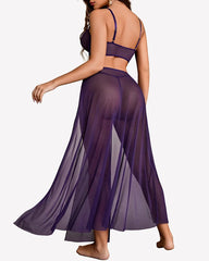 Sheer Mesh Bustier Top & High Slit Maxi Skirt Lingerie Set