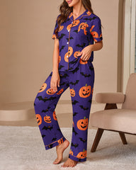 Halloween Pumpkin & Bat Print Short Sleeve Pajama Set