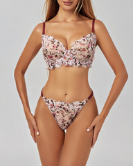 Romantic Floral Embroidered Lace Underwire Bra & Thong Set