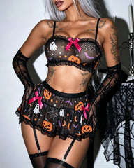 Halloween Cosplay Pumpkin Ghost Print Sheer Mesh Lingerie Set