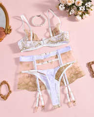 Embroidered Mesh Bra Panty & Garter Lingerie Set