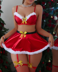 Christmas Red Satin Faux Fur Trim Bra & Ruffle Skirt Lingerie Set