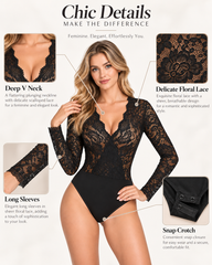 Long Sleeve Floral Lace Deep V Neck Bodysuit