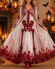 Halloween Cosplay Retro Print Long Sleeve Dress