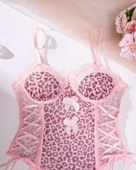 Sheer Leopard Print Bow Accent Spaghetti Strap Bodysuit