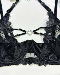 Sexy Embroidered Cutout Rhinestone Heart Halter Lingerie Set