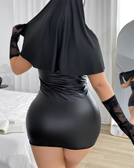 Sexy Plus Size PU Leather Strappy Nun Role-Play Lingerie Set