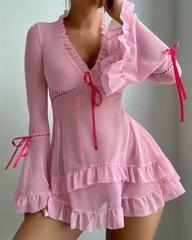 Sexy Sheer Mesh Ruffle Long Sleeve Babydoll Lingerie