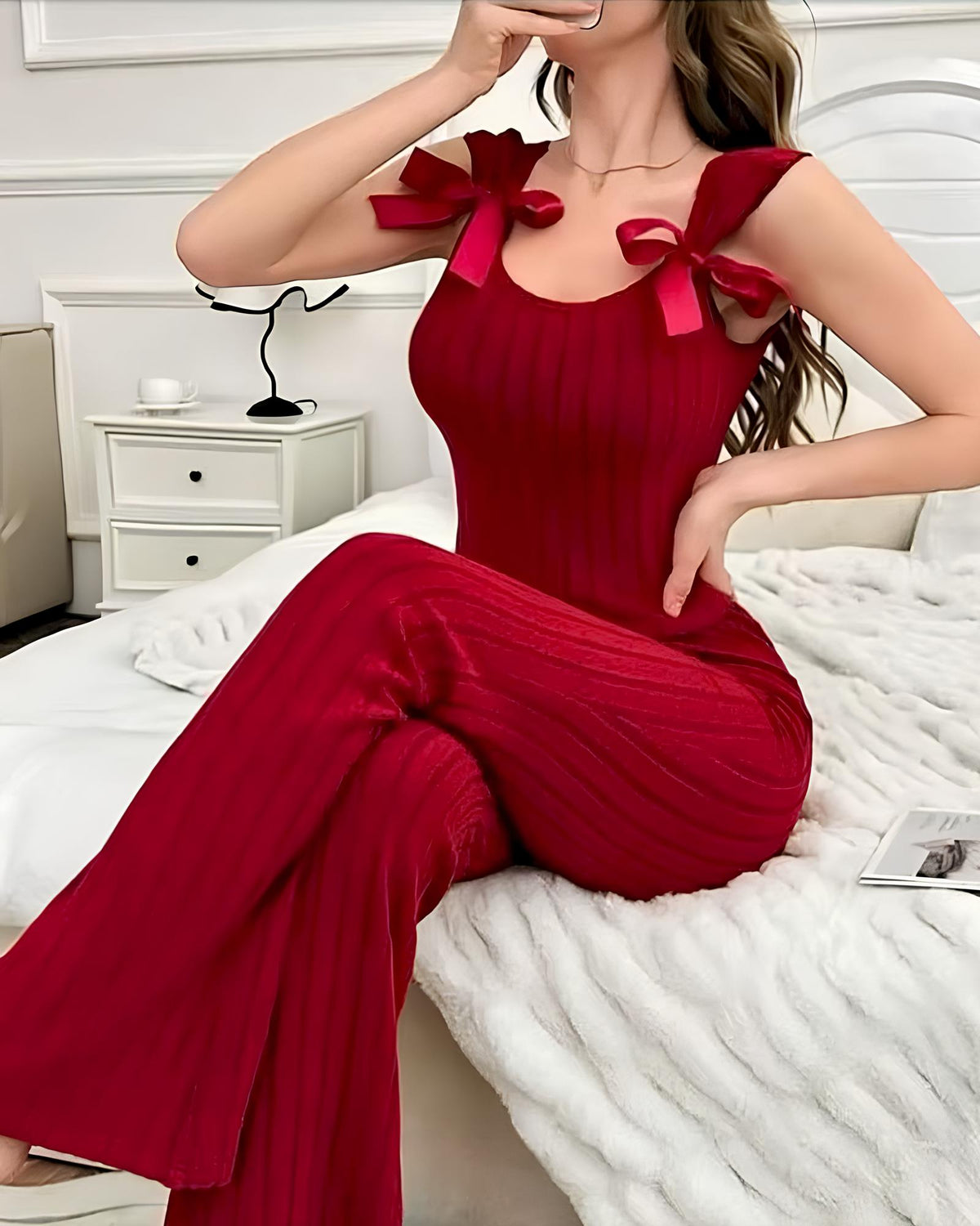 Bow Embellishment Sleeveless Vest and Long Loungewear Set